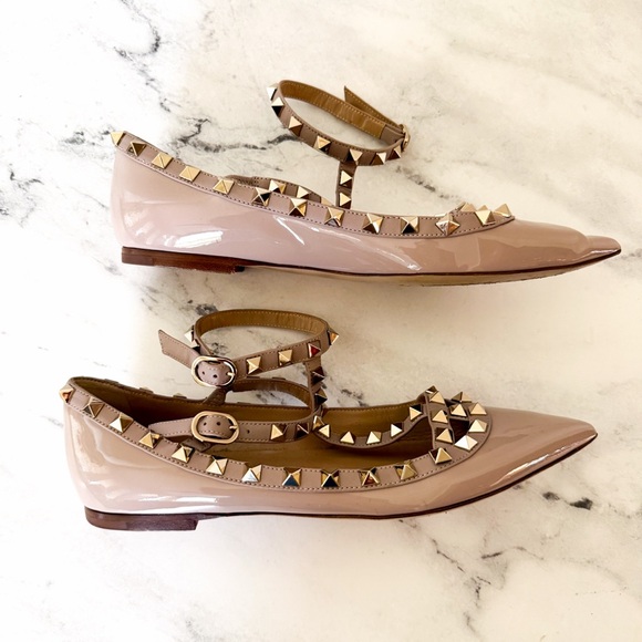 Valentino Garavani Rockstud Caged Nude Patent Leather Pointed Toe Ballet Flats - Picture 9 of 11